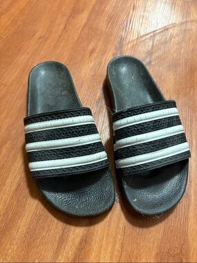 adidas Black Slides with White Stripes